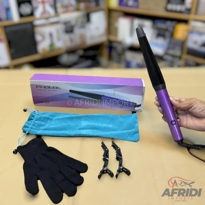 Purple hair curling wand with a tapered black barrel and power button.