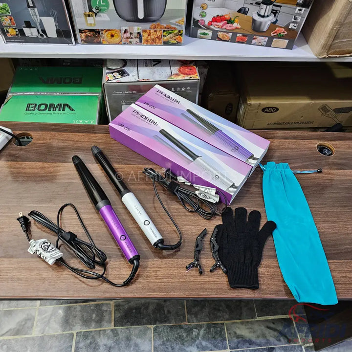 Two curling wands, one purple and one white, with accessories including a heat-resistant glove, hair clips, and a storage pouch.