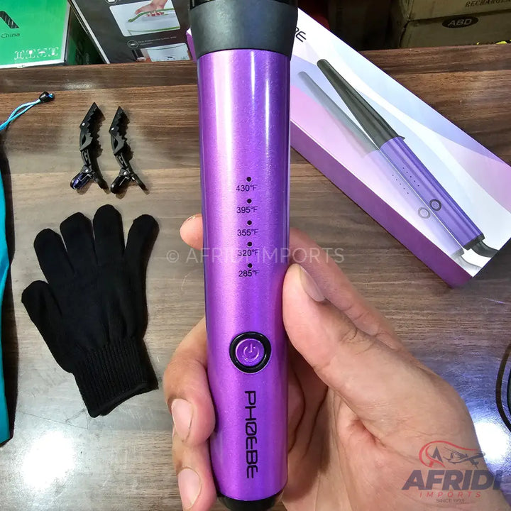 Purple conical curling iron with adjustable temperature settings.