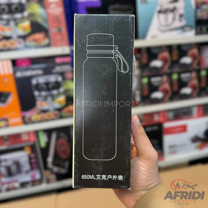 Black box with a white outline drawing of a water bottle and ’650ML’ on the bottom.