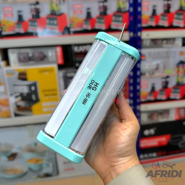 A portable, light-blue and clear LED tube light with a hook.