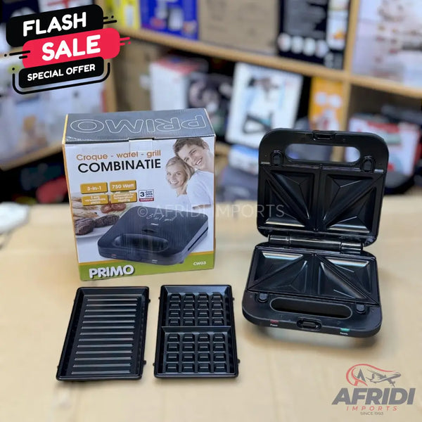 A 3-in-1 sandwich, waffle, and grill maker with interchangeable plates.
