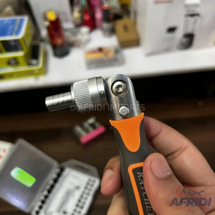 A versatile angled ratchet screwdriver with an orange and gray ergonomic handle, featuring a knurled chuck and a hex bit receiver.