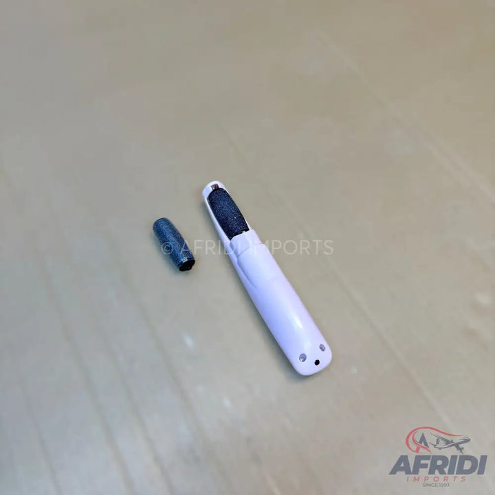 A white electric foot file with a dark grey cap.