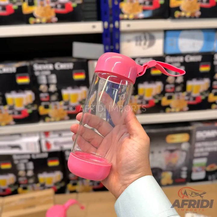 Clear plastic water bottle with a pink lid and base.