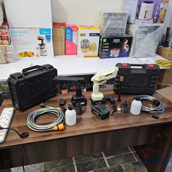 Portable cordless pressure washer kit with accessories.