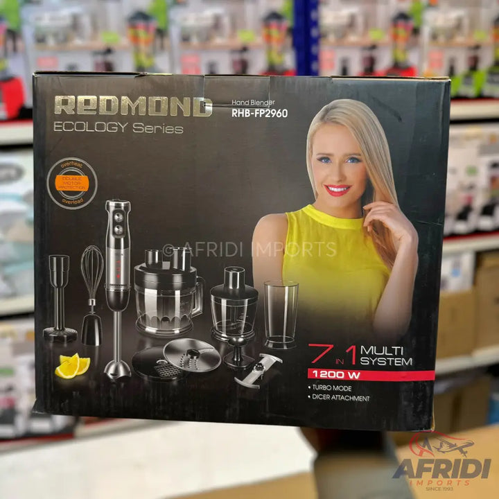 A black boxed multi-system hand blender with various attachments.
