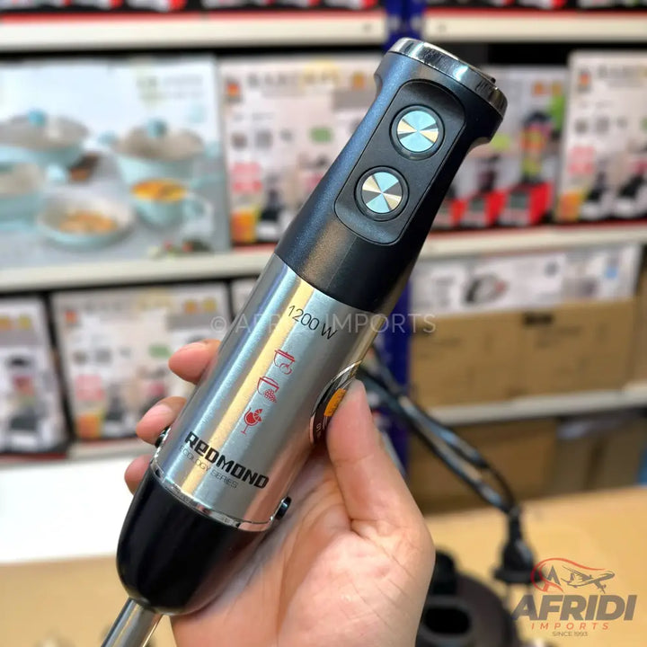 Handheld immersion blender with a black and silver finish.