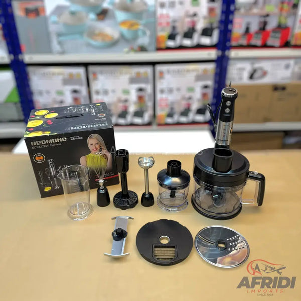 A multi-functional immersion blender set with various attachments, including a whisk, chopper, and food processor.