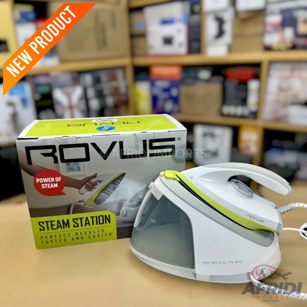 A white and lime green steam iron with a detachable water tank and a compact design.