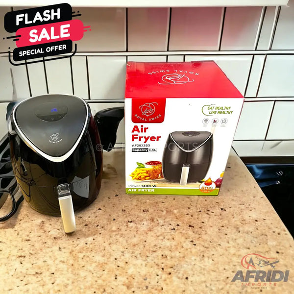 A black Royal Swiss air fryer with a 5.5L capacity and 1400W power.