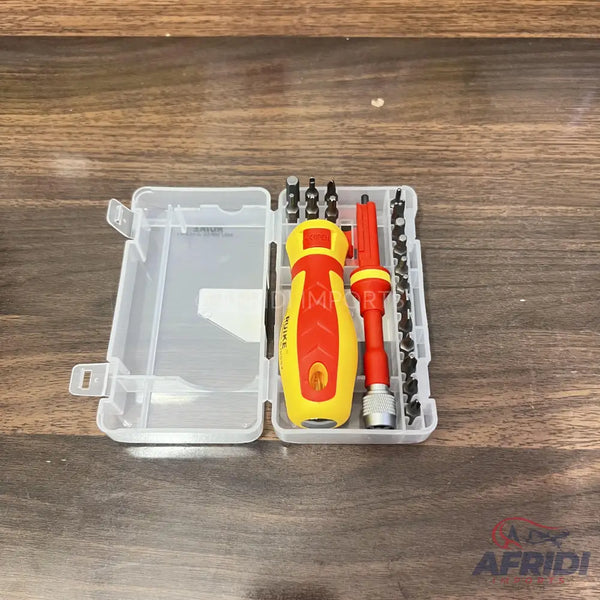 A screwdriver bit set with two handles and various interchangeable bits in a clear plastic case.