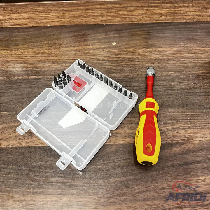 A screwdriver handle with interchangeable bits in a clear plastic case.