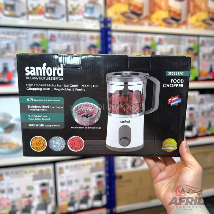 Sanford food chopper with a 0.7L durable jar, stainless steel chopping blades, 2-speed with pulse control, and a 400-watt copper motor.