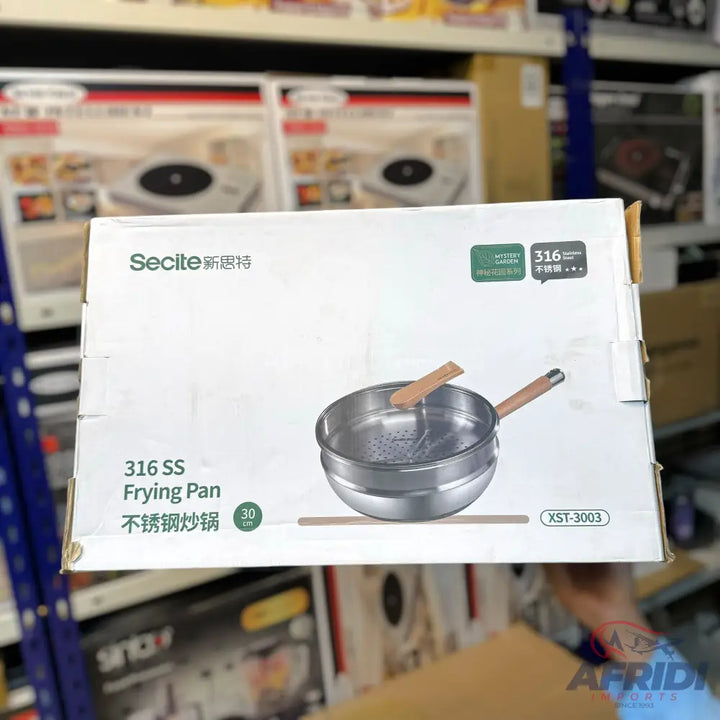 Secite 316 SS Frying Pan with a wooden handle and steamer insert.