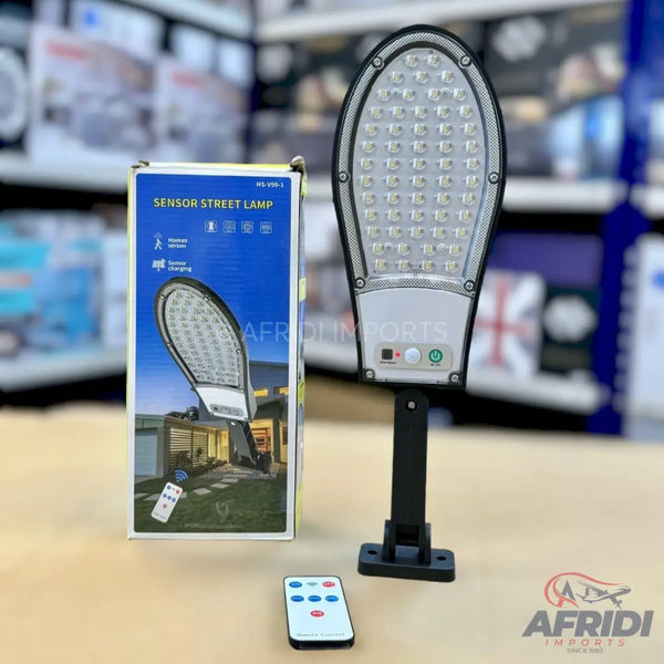 Solar-powered LED street lamp with remote control.