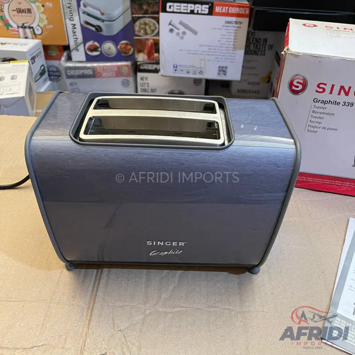 A gray two-slice toaster with a brushed metal finish.