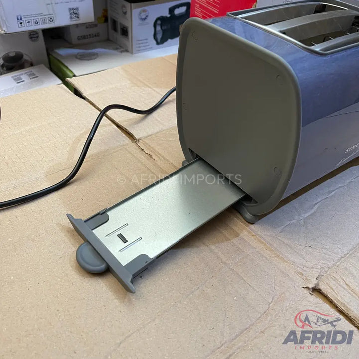 Gray and blue toaster with a slide-out crumb tray.