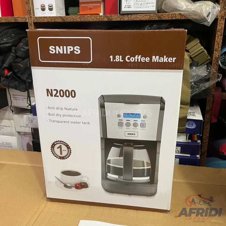 A Snips 1.8L N2000 coffee maker with anti-drip, boil-dry protection, and a transparent water tank.