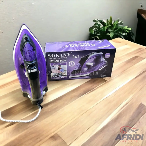 Purple Sokany 2-in-1 steam iron with an attached power cord.