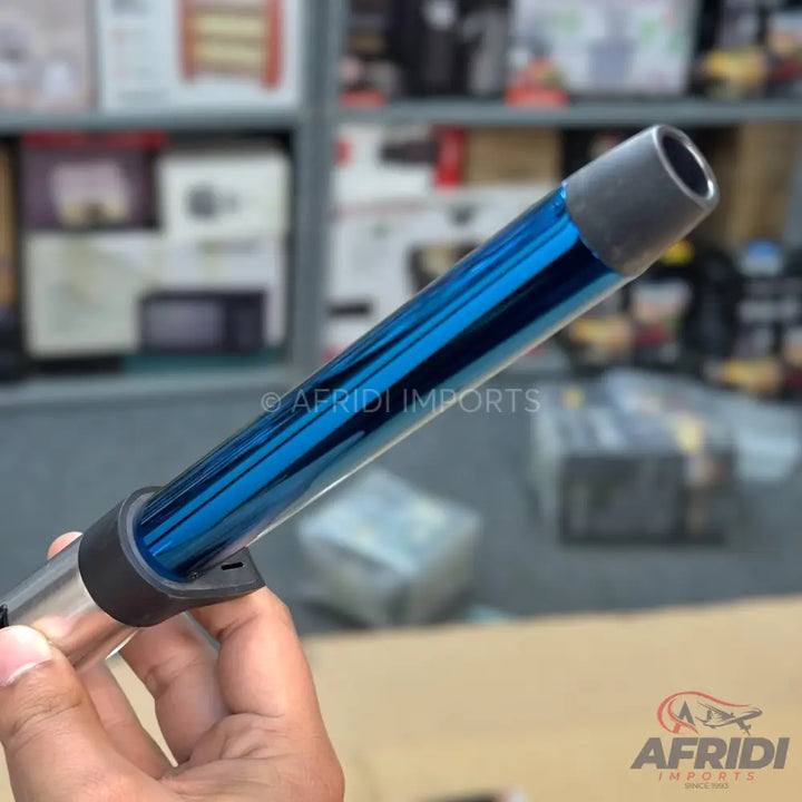 Shiny blue and silver curling wand.
