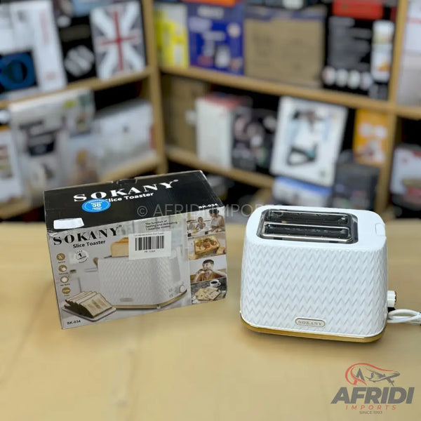 A white two-slice toaster with a textured exterior and a light wooden-look base.
