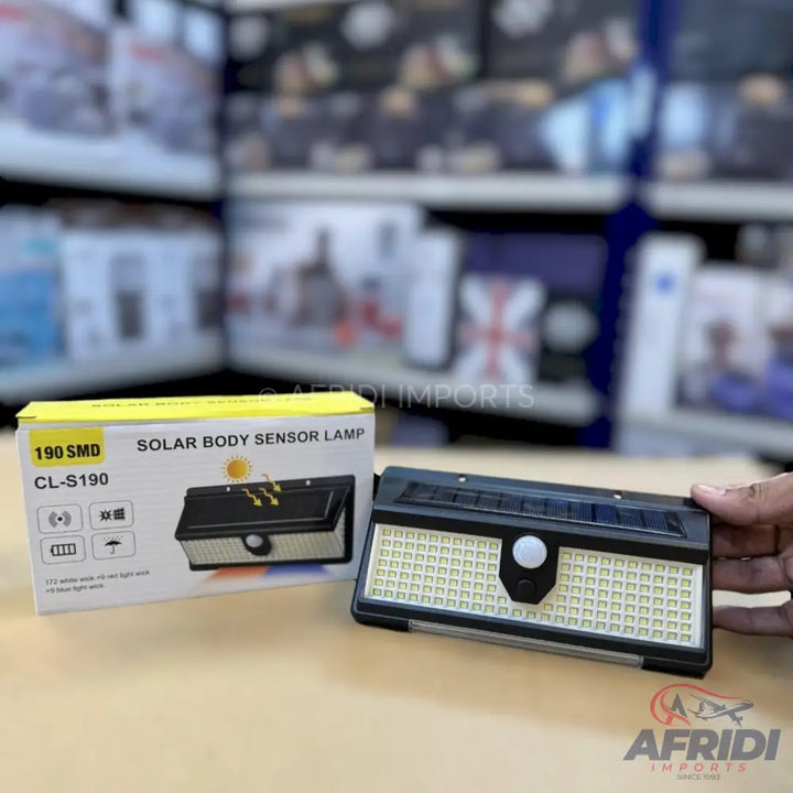 A solar-powered body sensor lamp with 190 LEDs, suitable for outdoor use.