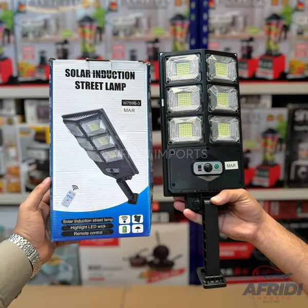Solar-powered LED street lamp with remote control.