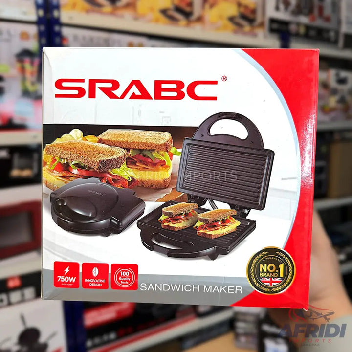 Boxed sandwich maker with a non-stick coating and a 750W heating element, featuring an innovative design and a 100-month warranty.