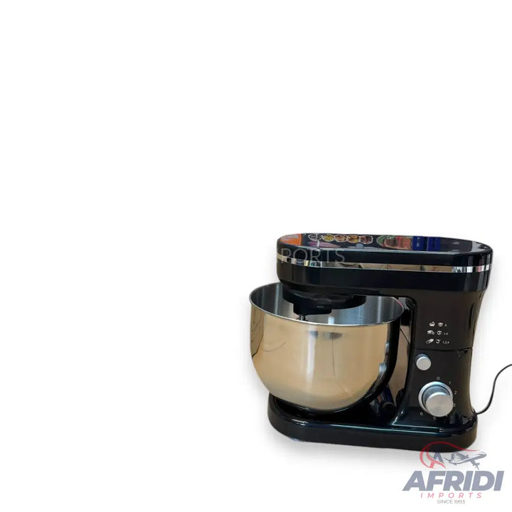 Black stand mixer with a stainless steel bowl