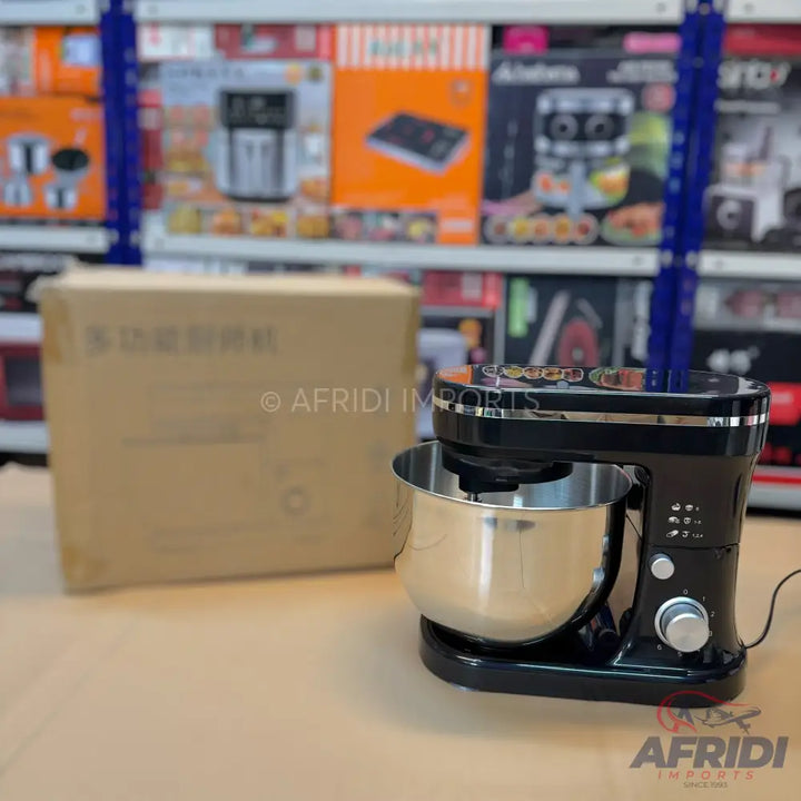 Black stand mixer with a stainless steel bowl.