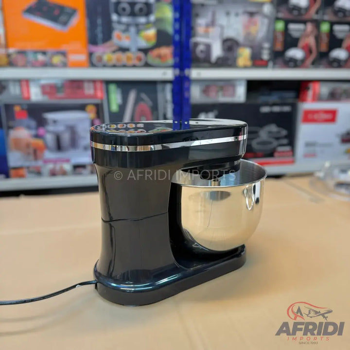 Black stand mixer with a stainless steel mixing bowl.