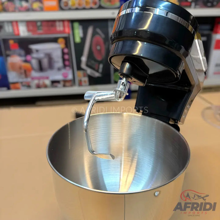 Black stand mixer with a stainless steel mixing bowl and dough hook attachment.