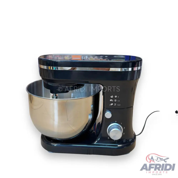Black stand mixer with a stainless steel bowl and silver accents.