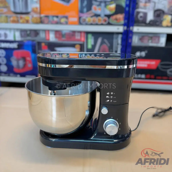 Black stand mixer with a stainless steel bowl and silver control knob.