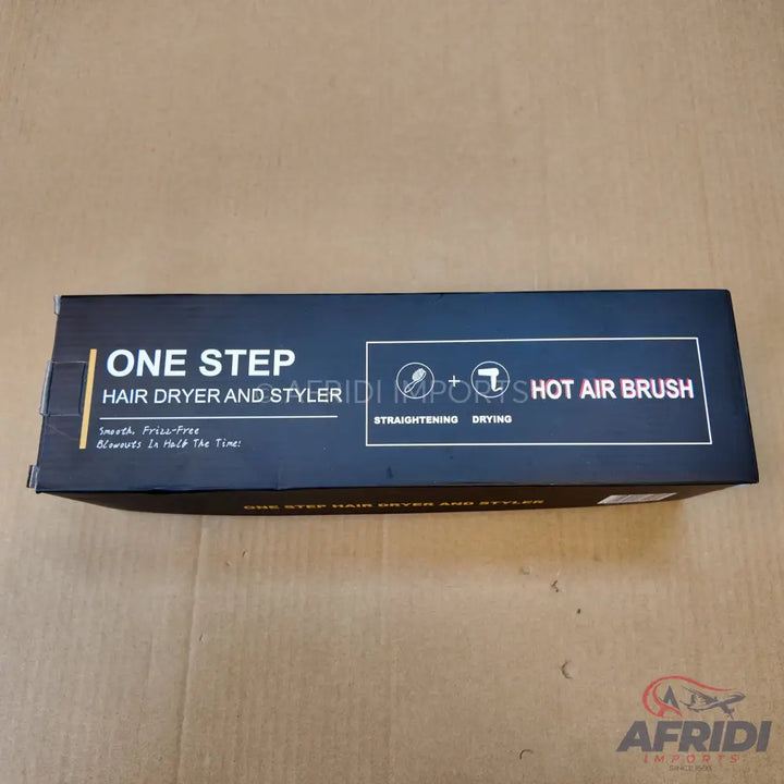 Black box for a ’One Step Hair Dryer and Styler Hot Air Brush’ for straightening and drying hair.
