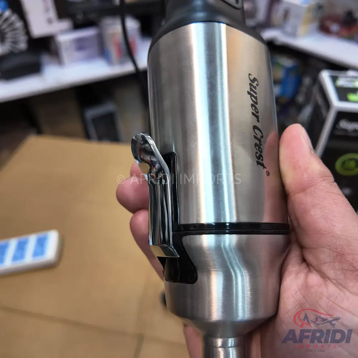 Stainless steel immersion blender with a black handle and a side clip.