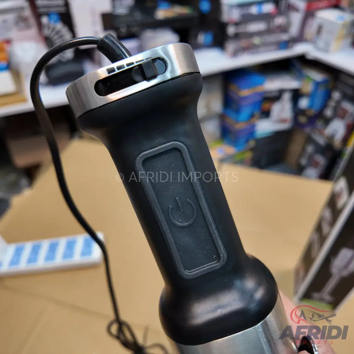 Black and silver immersion blender with power and speed controls.