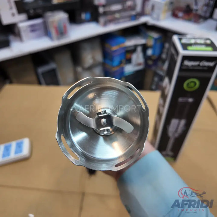 Stainless steel immersion blender head with a two-pronged blade.