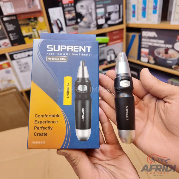 Black and silver nose hair and outline trimmer with a clear cap, packaged in a blue and yellow box with a depiction of the trimmer and a yellow battery.