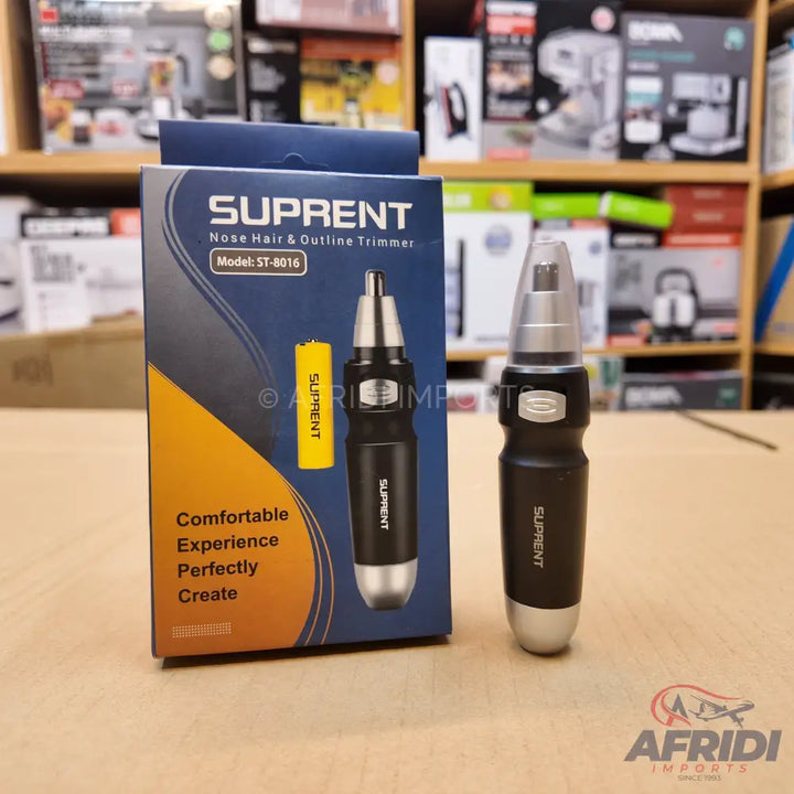 Black nose hair and outline trimmer with a silver tip, packaged with a yellow battery.