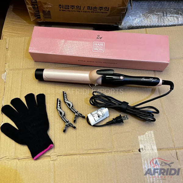 Rose gold and black hair curling iron with accessories.