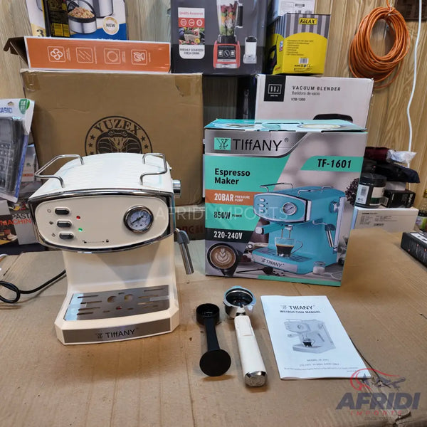 Cream-colored espresso maker with a pressure gauge and portafilter.