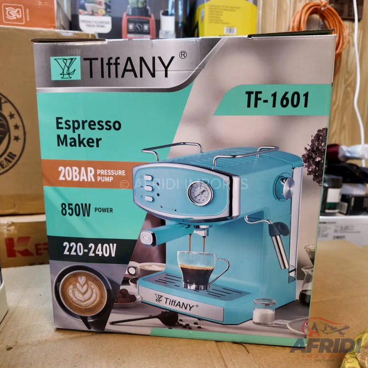 A Tiffany-branded TF-1601 espresso maker with 20-bar pressure pump, 850W power, and 220-240V compatibility, in a vibrant light blue color.