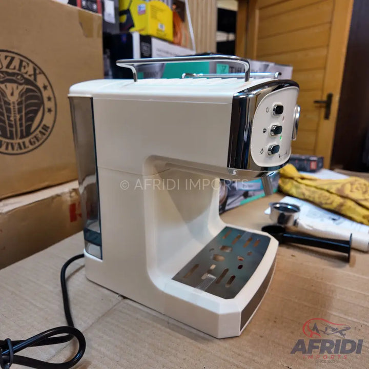 White and chrome semi-automatic espresso machine with a top-mounted water tank and a removable drip tray.