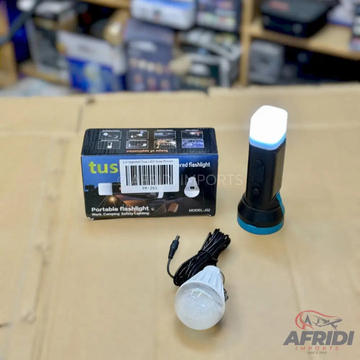 A portable LED solar-powered flashlight and bulb kit.