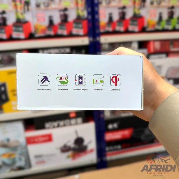 A white box displaying icons and text indicating features like steady clamping, 360-degree rotation, wireless charging, short circuit protection, and Qi standard compatibility.