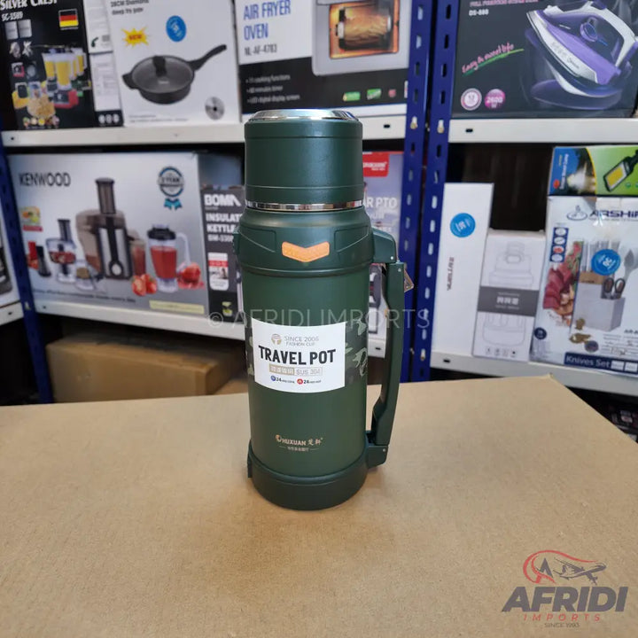 Dark green insulated travel pot with a handle and an orange accent.