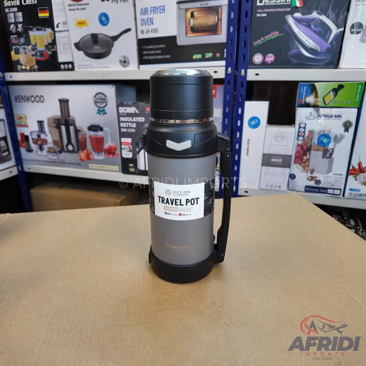 Gray and black insulated travel pot with a handle.