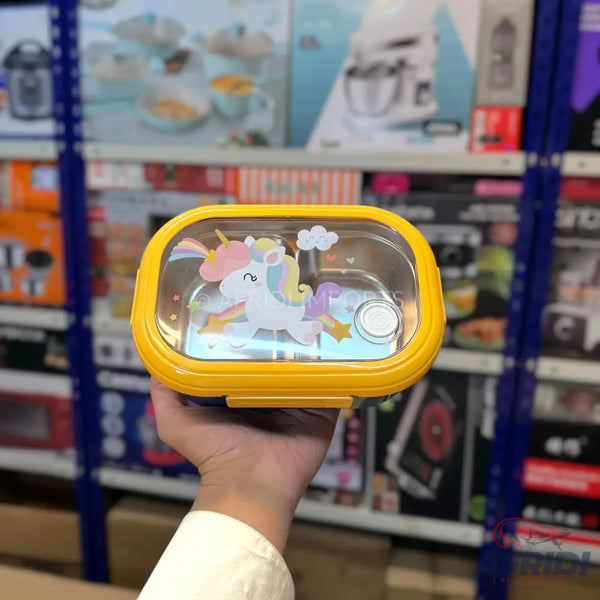 Yellow lunchbox with a unicorn design